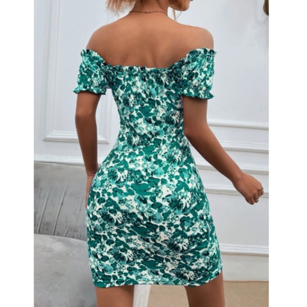 Boho green Floral Print Off Shoulder Bodycon Dress - Picture 10 of 16
